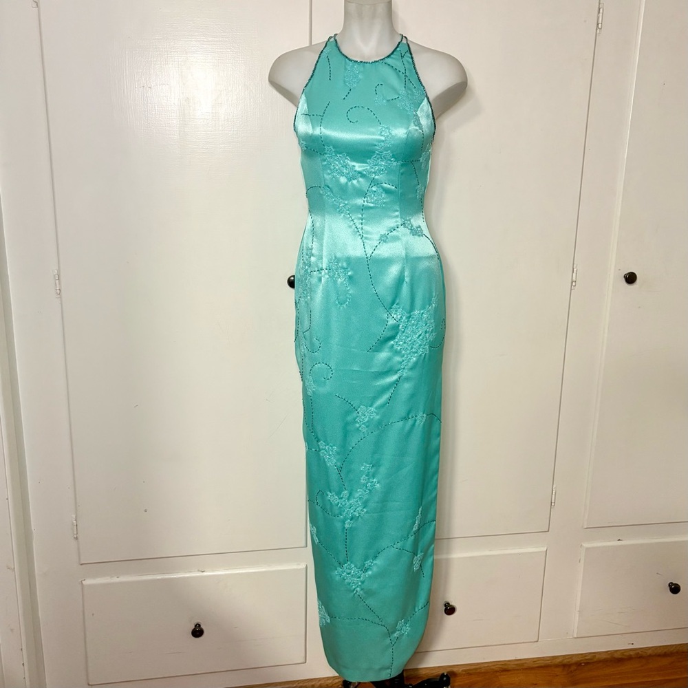 Vintage 90s/Y2K Teal Beaded Open Cross Back High Slit Formal Prom Dress
